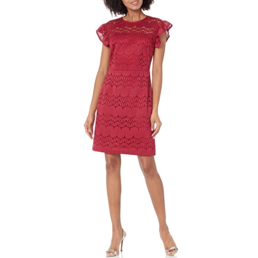 Trina Turk Mai-Tai Ruffle-Sleeve Lace Sheath Dress, Cranberry